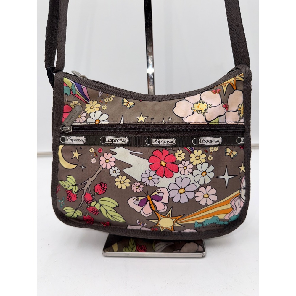 LeSportsac Psychedelic Floral Rainbow Crossbody Bag Brown Ripstop Nylon Small